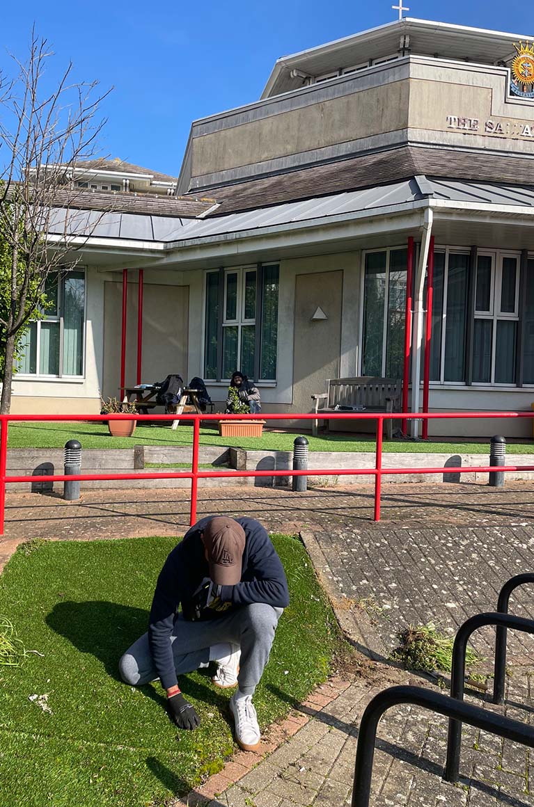 The staff team and the people they support volunteered their time weeding
                            their local Salvation Army Church parking area and external areas.