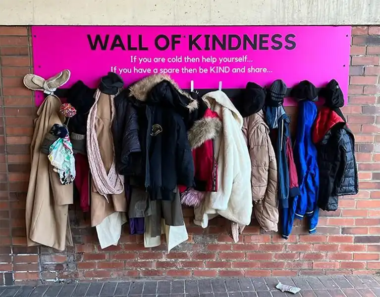 Karen and Chantelle Marketing collected warm coats, hats, gloves and scarves to donate
                            to the Wall of Kindness in Middlesbrough.