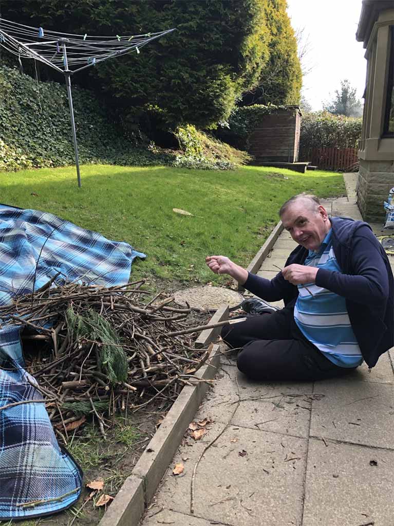 Stephen has had his routine interrupted  but has found solace in the back garden building bonfires !!!!